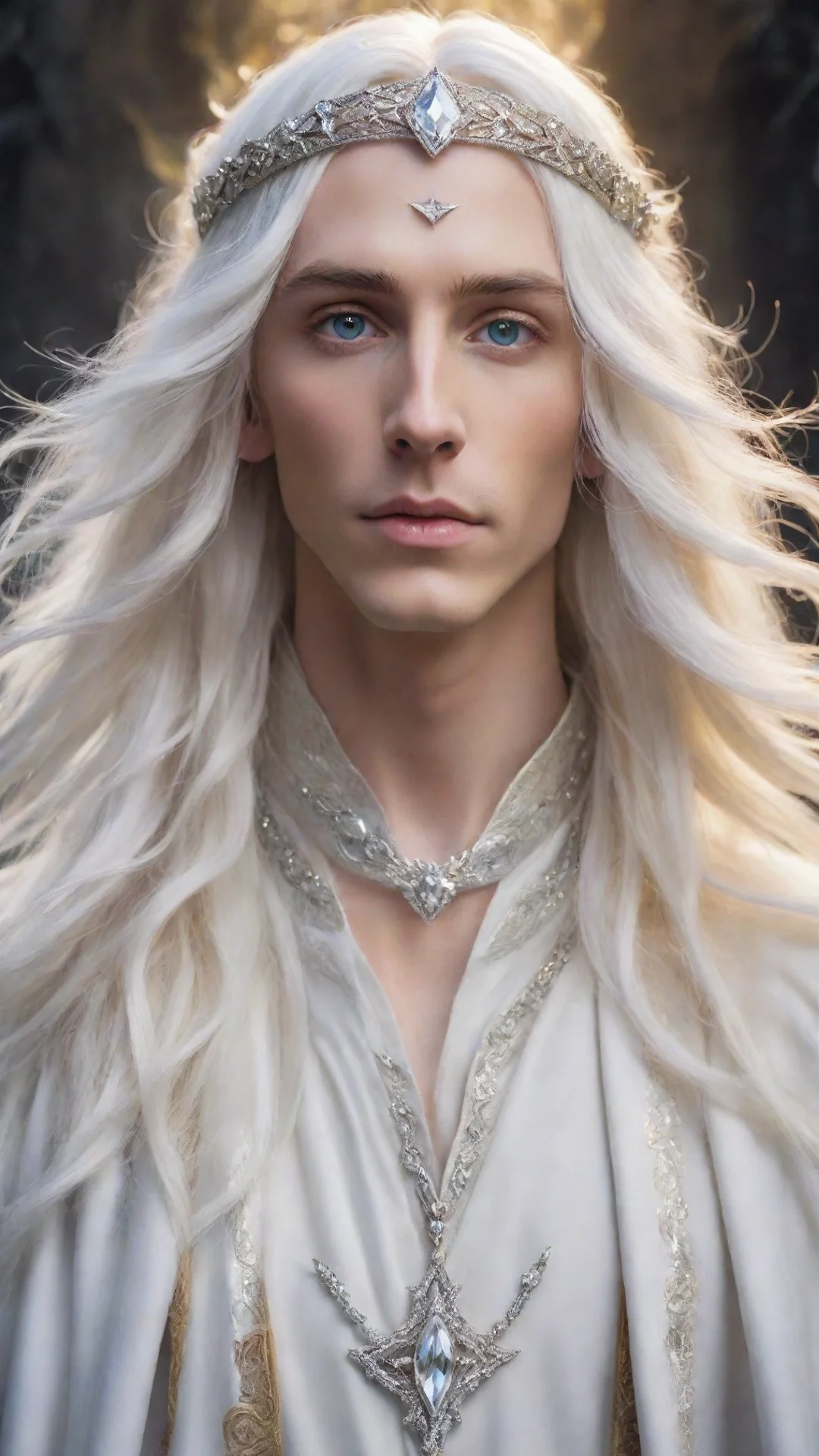 artstation art  wearing silver elvish circlet encrusted with diamonds and large center diamond very attractive young male sorcerer with long white hair in gold and white royal robes flowing in the a