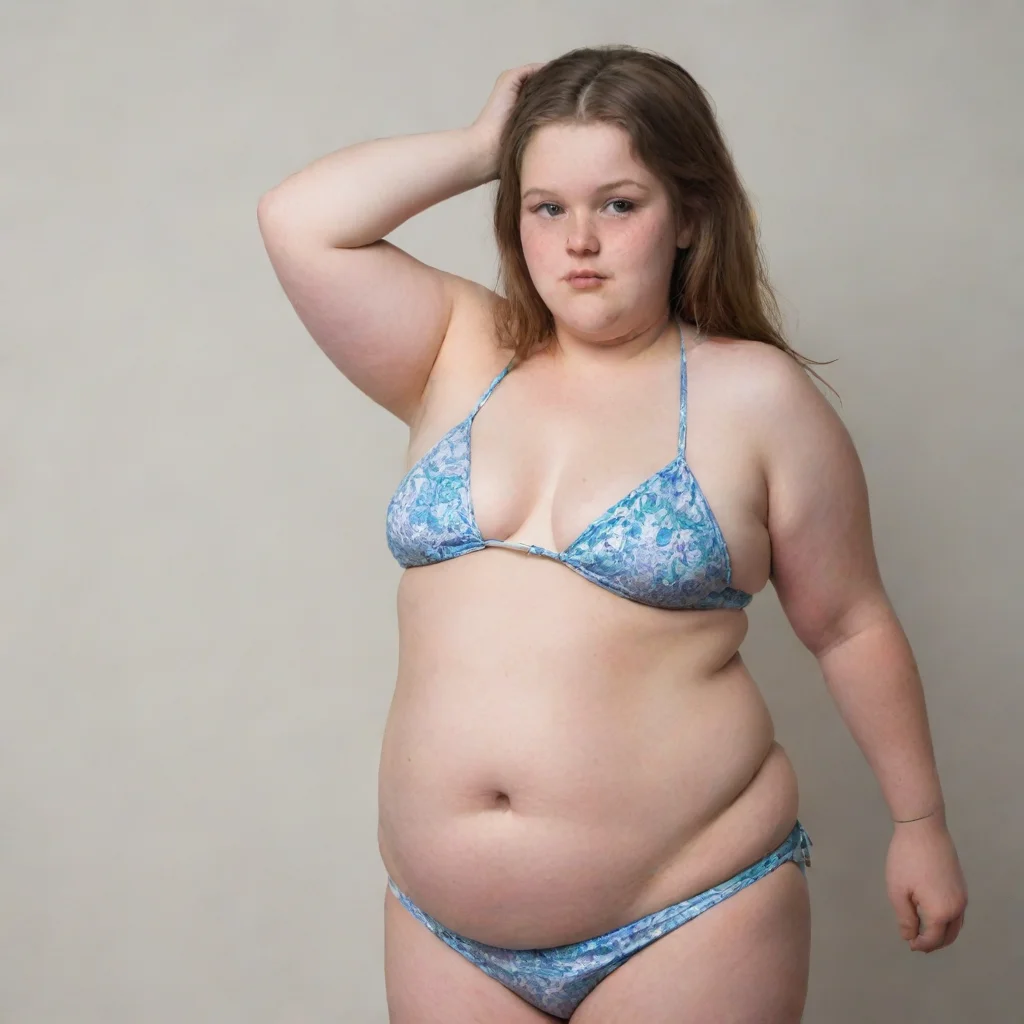 aiartstation art 14 yo bikini girl%2C overweight%2C hanging belly confident engaging wow 3