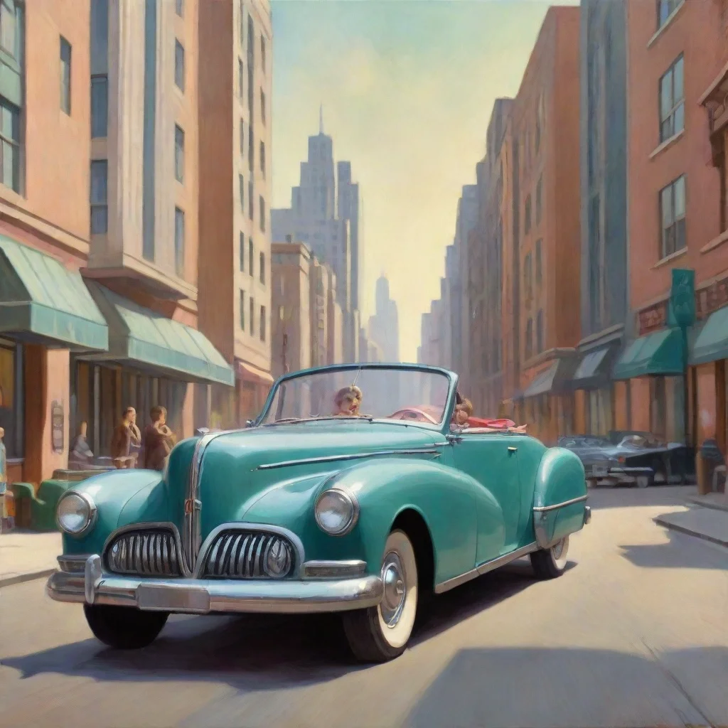 artstation art 50s car woman driver art deco buildings in city streets chase confident engaging wow 3