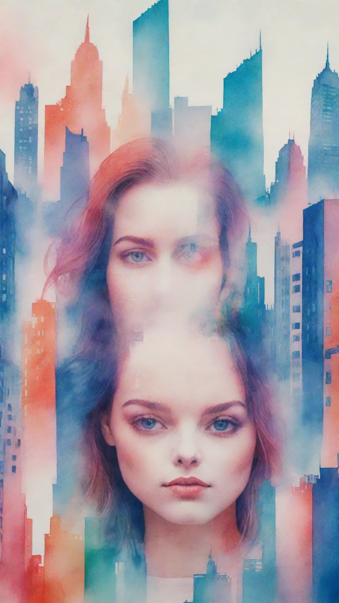 aiartstation art 8k  uhd  wallpaper  risograph  a cityscape with a woman s face in a watercolor background  in the style of double exposure confident engaging wow 3 tall