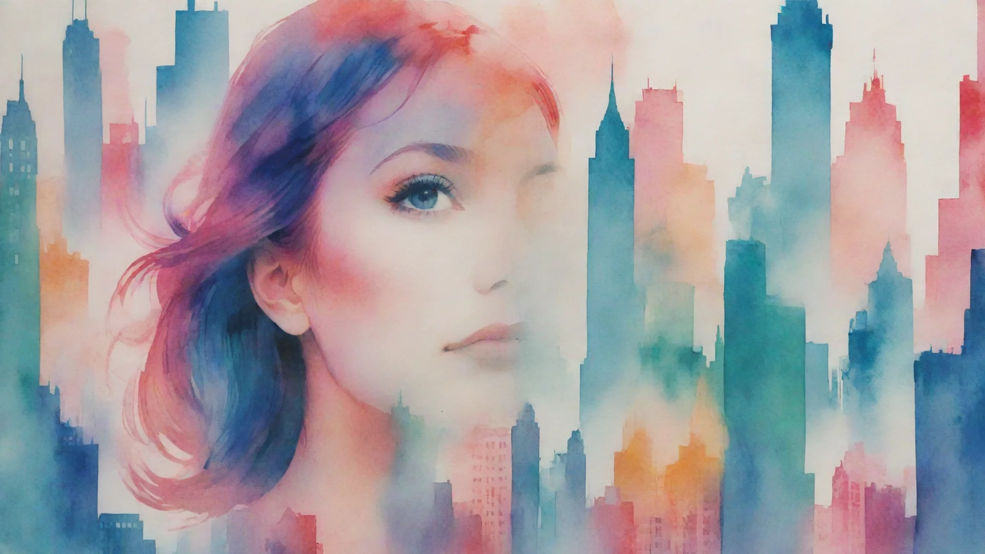 aiartstation art 8k  uhd  wallpaper  risograph  a cityscape with a woman s face in a watercolor background  in the style of double exposure confident engaging wow 3 wide