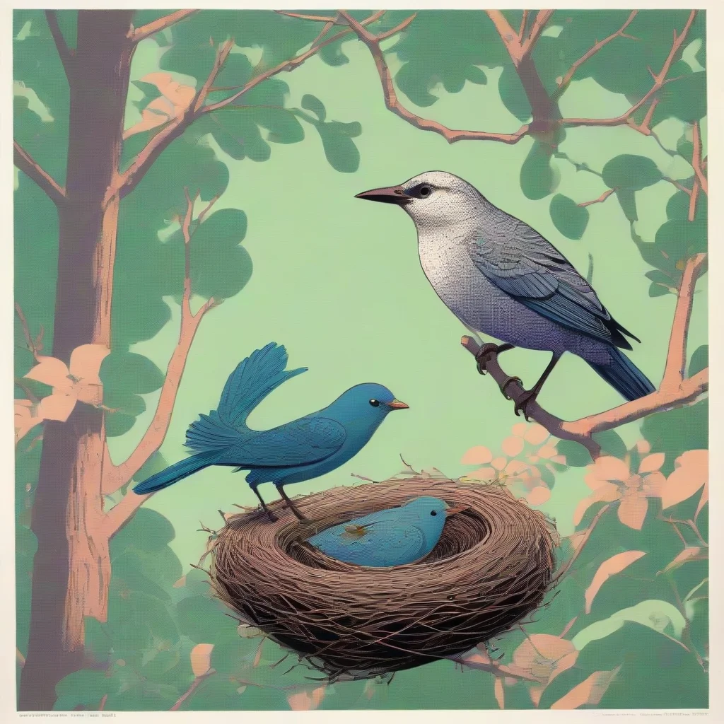 artstation art a bird on a branch next to a nest in a lush tree in beautiful nature  risograph  in the style of chris ware ar 54 confident engaging wow 3