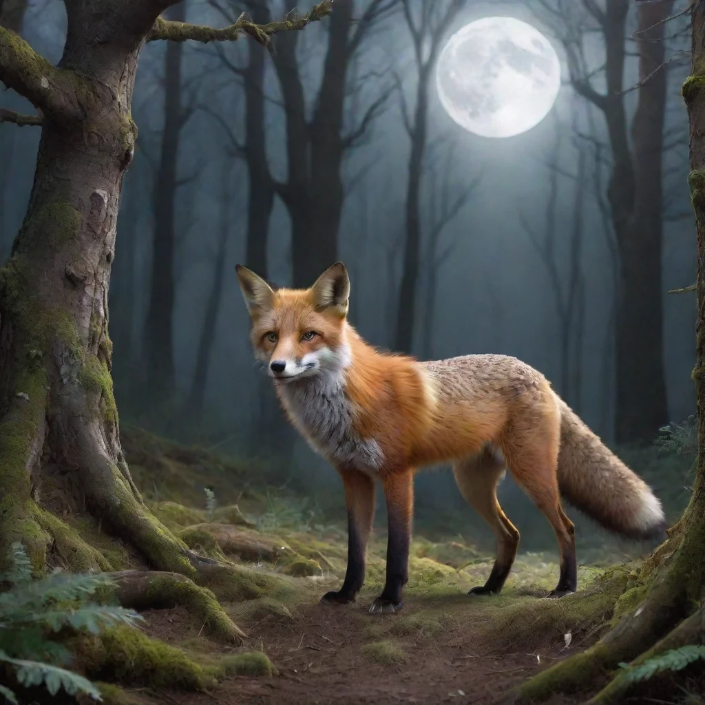 aiartstation art a fox in a myterious forest. the moon is shining on his fur. he looks scared. confident engaging wow 3