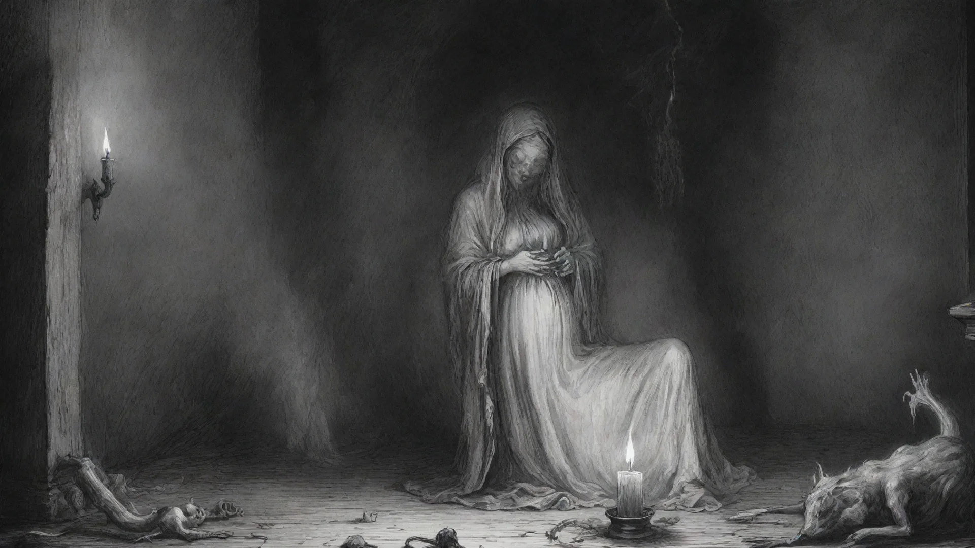 aiartstation art a ghost face pregnant woman%2C candle%2C scary rats on the floor%2C horror scene%2C ink drawing%2C in style of gustave dore. confident engaging wow 3 wide