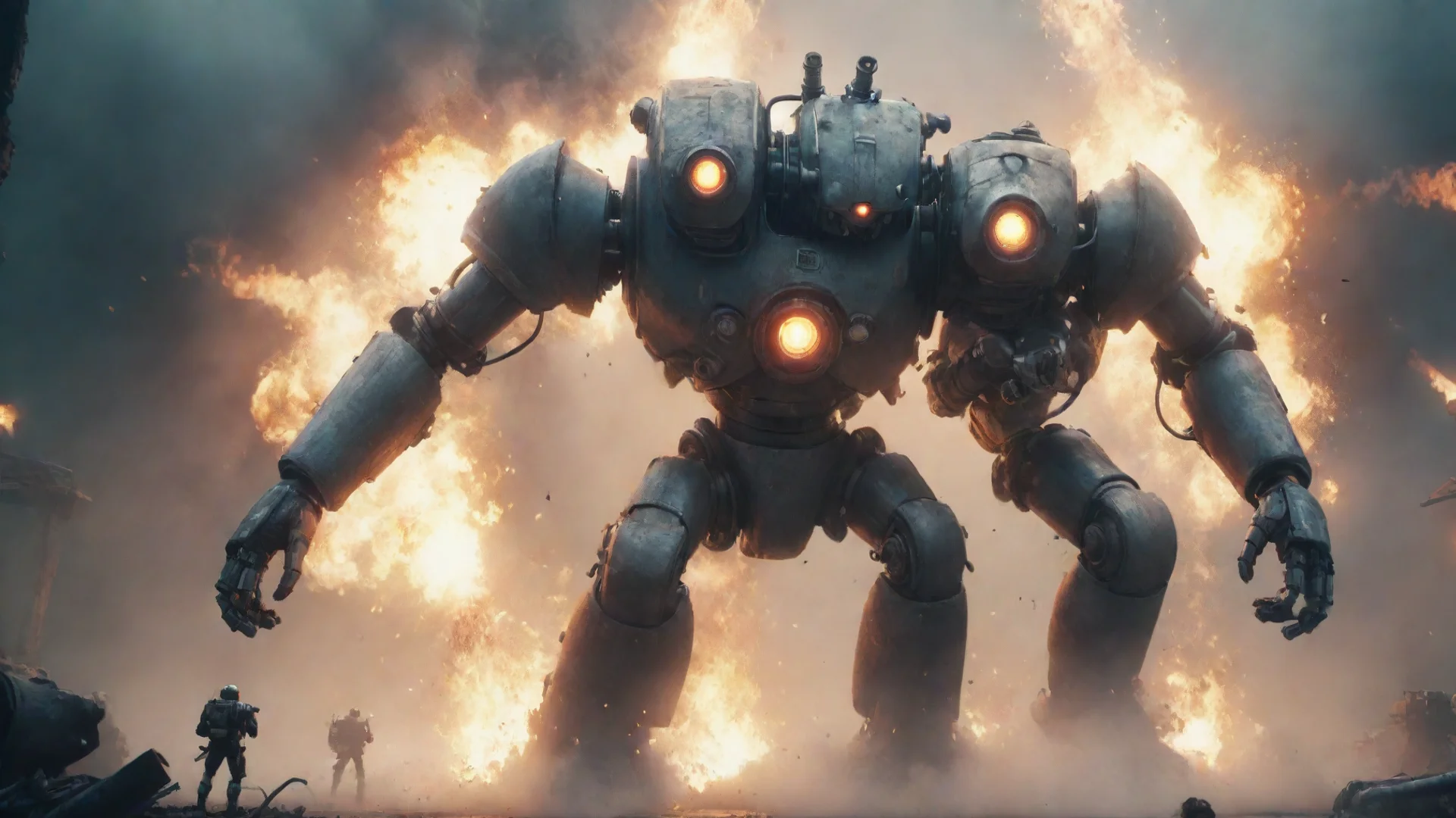 artstation art a giant robot diver with pipes round head fight against a huge monster battle explosion blur lens cinematic style grainy octane render concept art hyper confident engaging wow 3 wide.