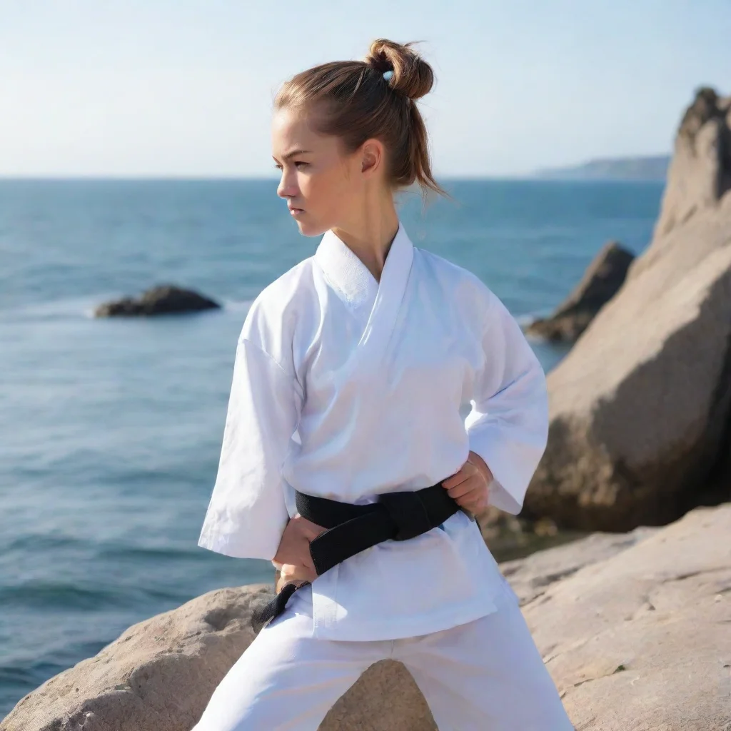 artstation art a girl with ponytail stadning in a rock beside the sea wearing a white shirts of karate confident engaging wow 3