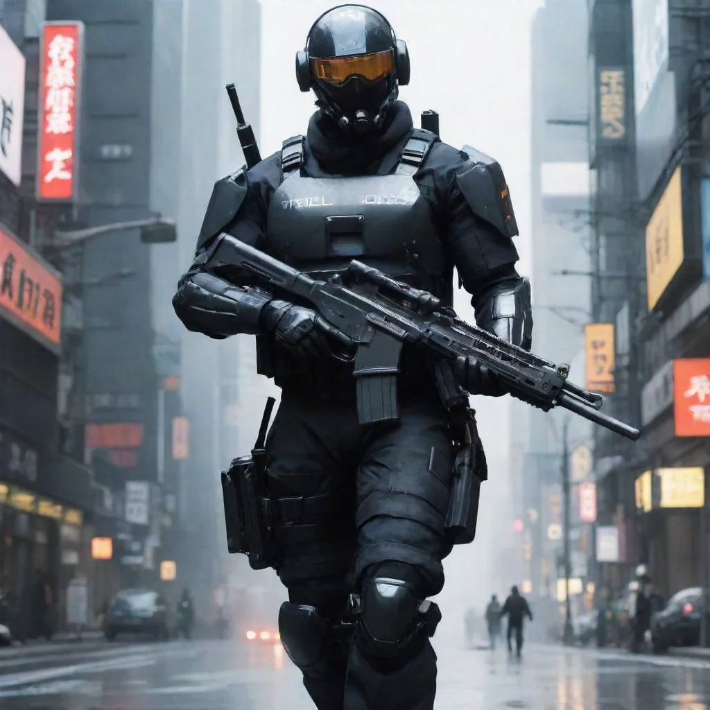 artstation art a high fidelity sci fi police carrying a long carbine covered in black battle suit in a highly technologically tokyo city inspired by yoji shinkawa high deta confident engaging wow 3.