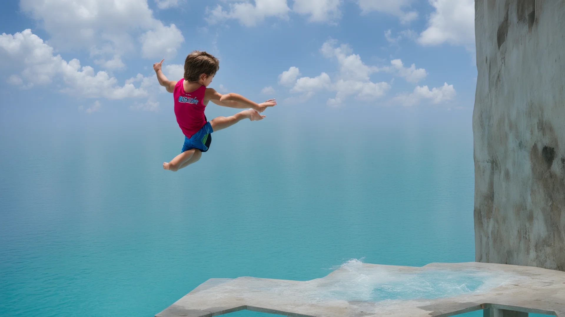 aiartstation art a kid preparing to make a swim jump from really high platform confident engaging wow 3 wide