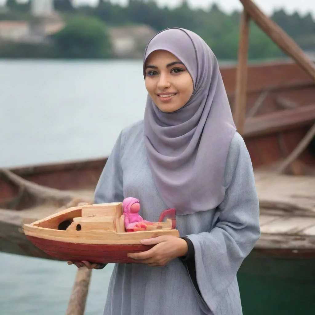 aiartstation art a muslim woman wearing hijab holding a toy%2C standing on an old boat confident engaging wow 3