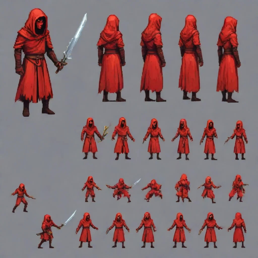 aiartstation art a pixel art sprite sheet of a red cultist%2C with its 6 frames for its walking animation and 6 frames for its attacking with a sword animation. confident engaging wow 3