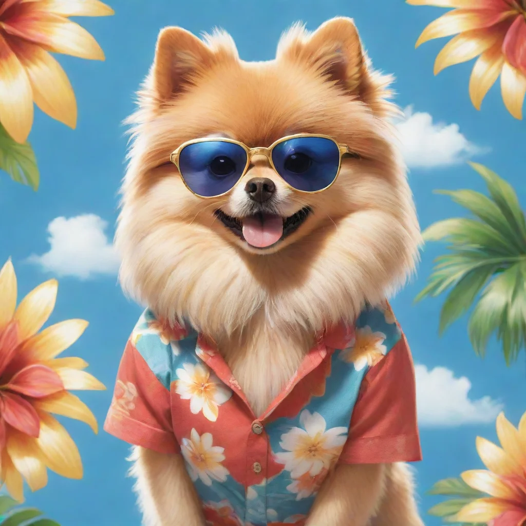 aiartstation art a pomeranian with sunglasess and a golden neckless wearing a hawaiian shirt%2C anime style confident engaging wow 3