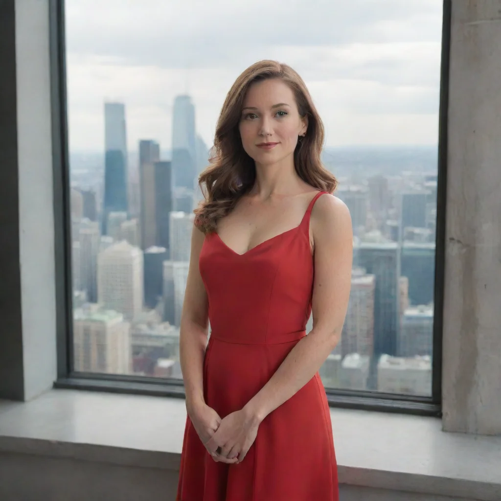 aiartstation art a portrait of a woman wearing a red dress%2C standing in front of a large window with a cityscape view confident engaging wow 3