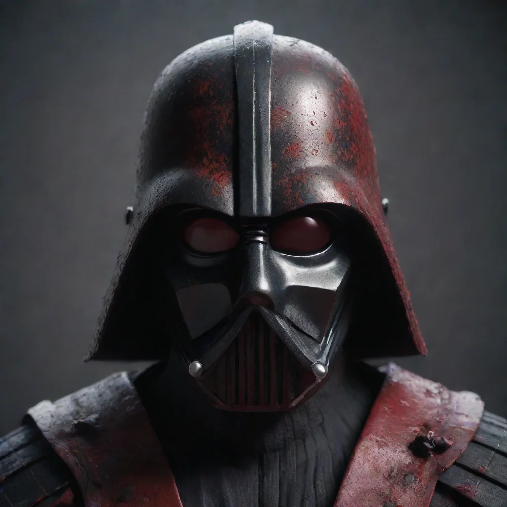 artstation art a portrait of dark vader mask mixed with a japanese samurai mask with dark red splatter on its face 3d octane rendered  confident engaging wow 3