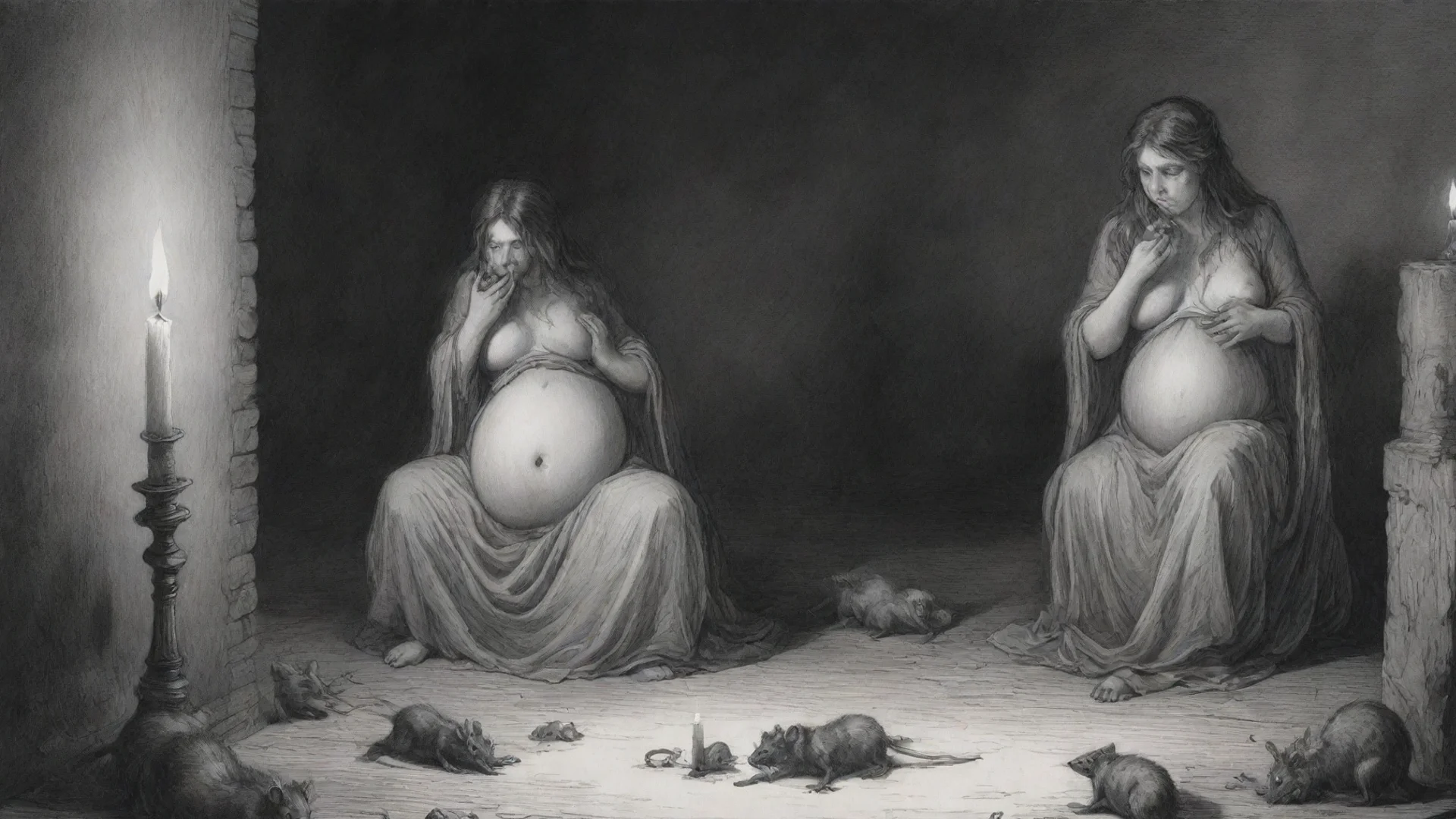 aiartstation art a pregnant woman%2C candle%2C rats on the floor%2C horror scene%2C ink drawing%2C in style of gustave dore. confident engaging wow 3 wide