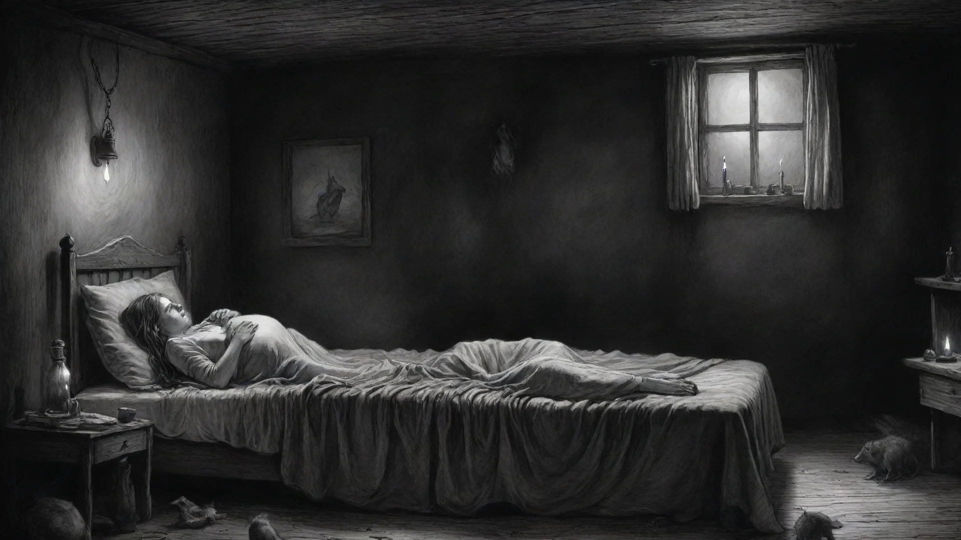 aiartstation art a pregnant woman on bed in a cabin%2C dark room%2C candle light%2C rats on the floor%2C horror scene%2C ink drawing%2C in style of gustave dore. confident engaging wow 3 wide