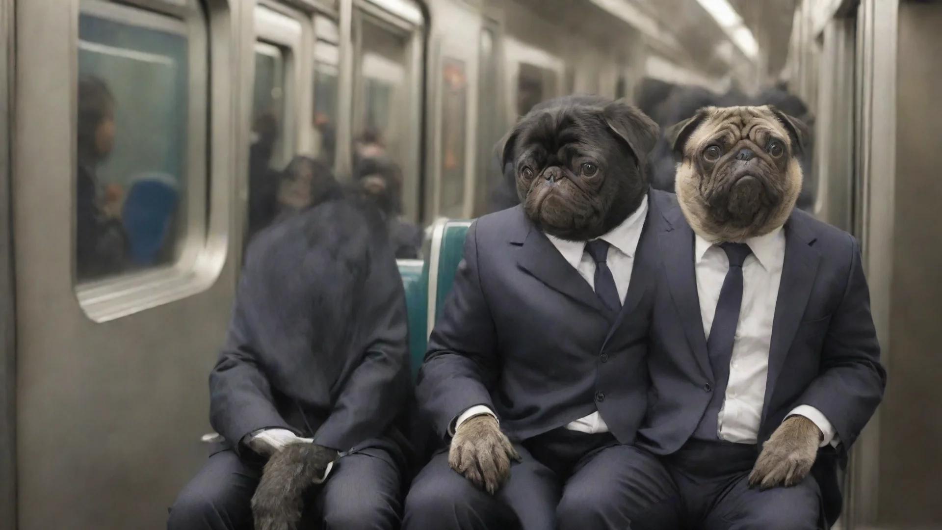 artstation art a pug and a chimpanzee wearing business suits riding the subway to work. confident engaging wow 3 wide