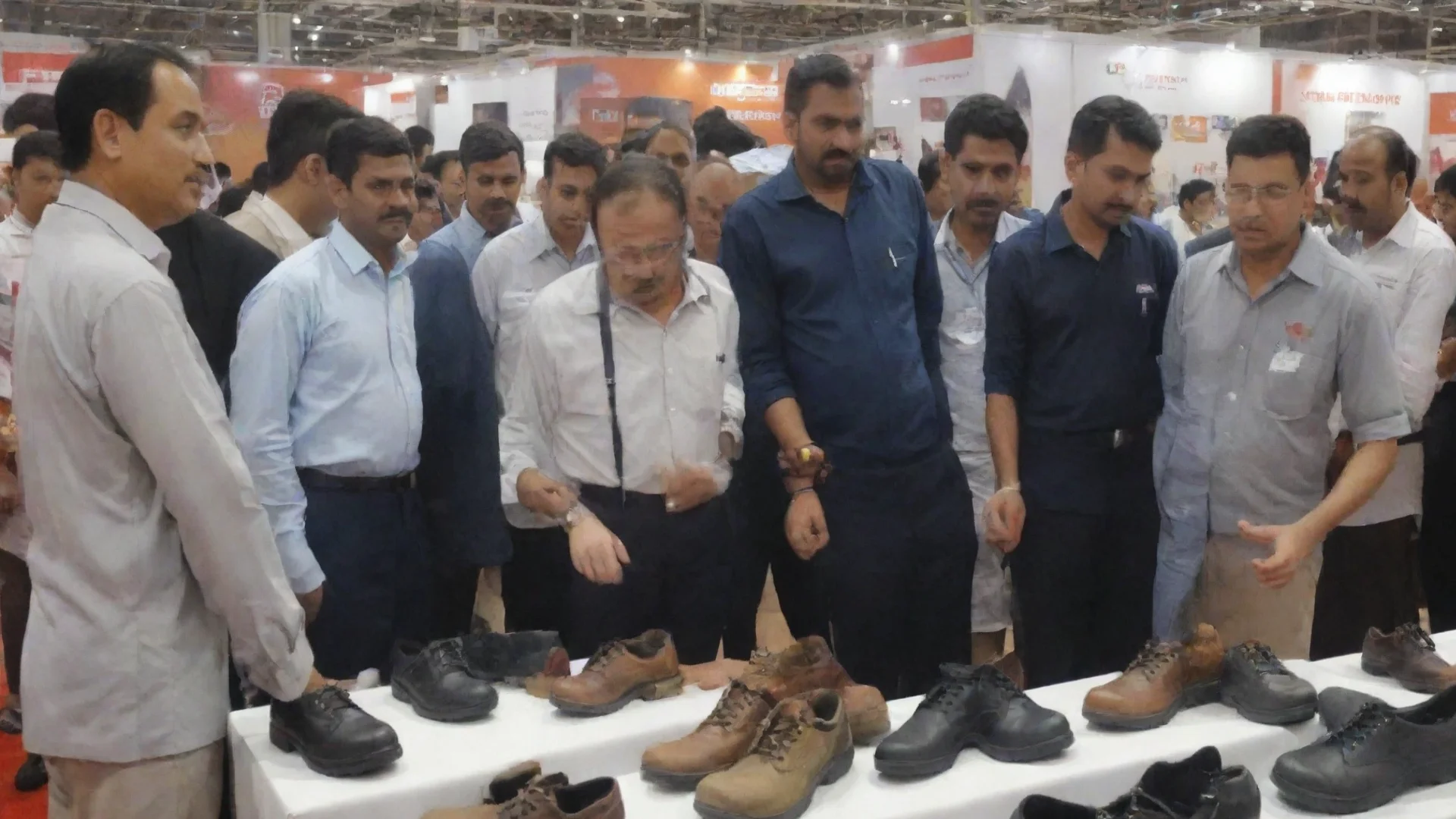 artstation art a safety footwear company staff showing there new safety shoes in an industrial expo to the people who visited there expo near there stall where safety shoes are kept confident engagi