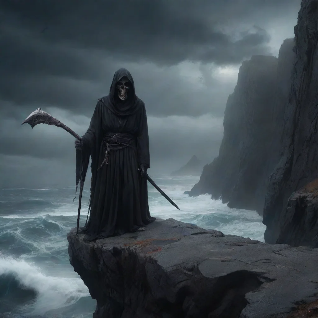 artstation art a sinister looking grim reaper holding a scythe on the edge of a cliff above a tempestuous ocean confident engaging wow 3