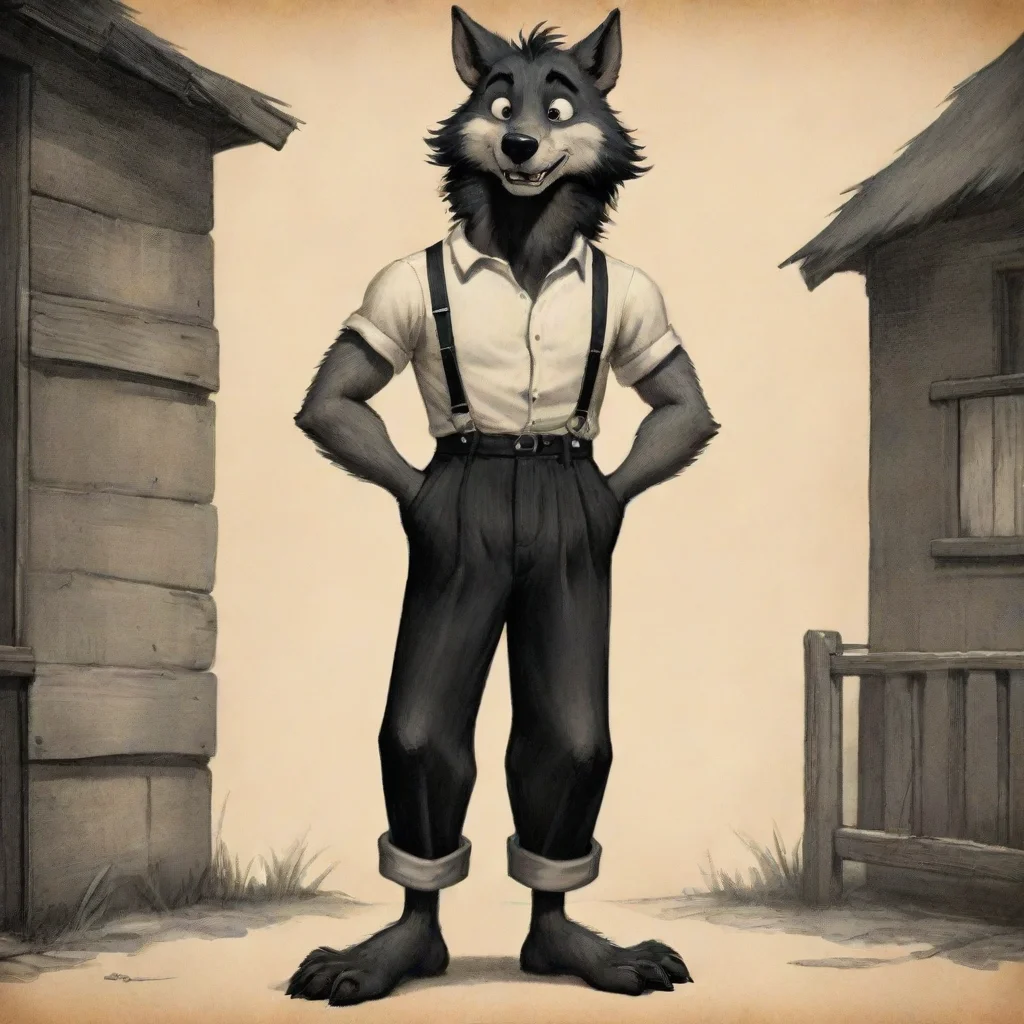 artstation art a slim attractive anthropomorphic male wolf with black fur from a vintage  1930s cartoon wearing battered trousers held up with suspenders barefoot in the style of the vintage big bad