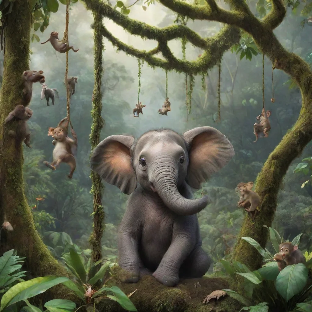 aiartstation art a small elephant sitting in a rainforest with its friends with a pretty rainforest in the backround with monkeys swinging above them on vines.  confident engaging wow 3