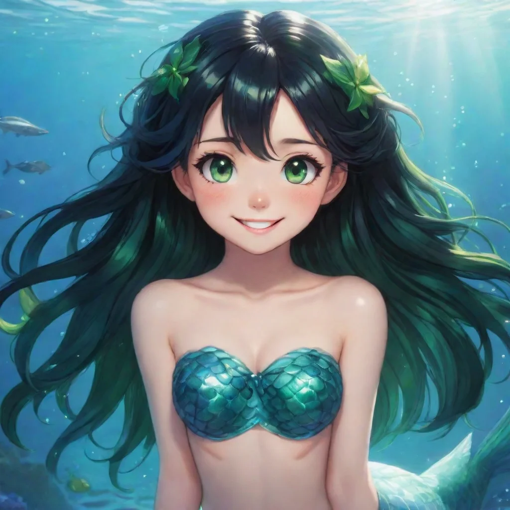 aiartstation art a smiling anime mermaid with black hair and green eyes appears confident engaging wow 3