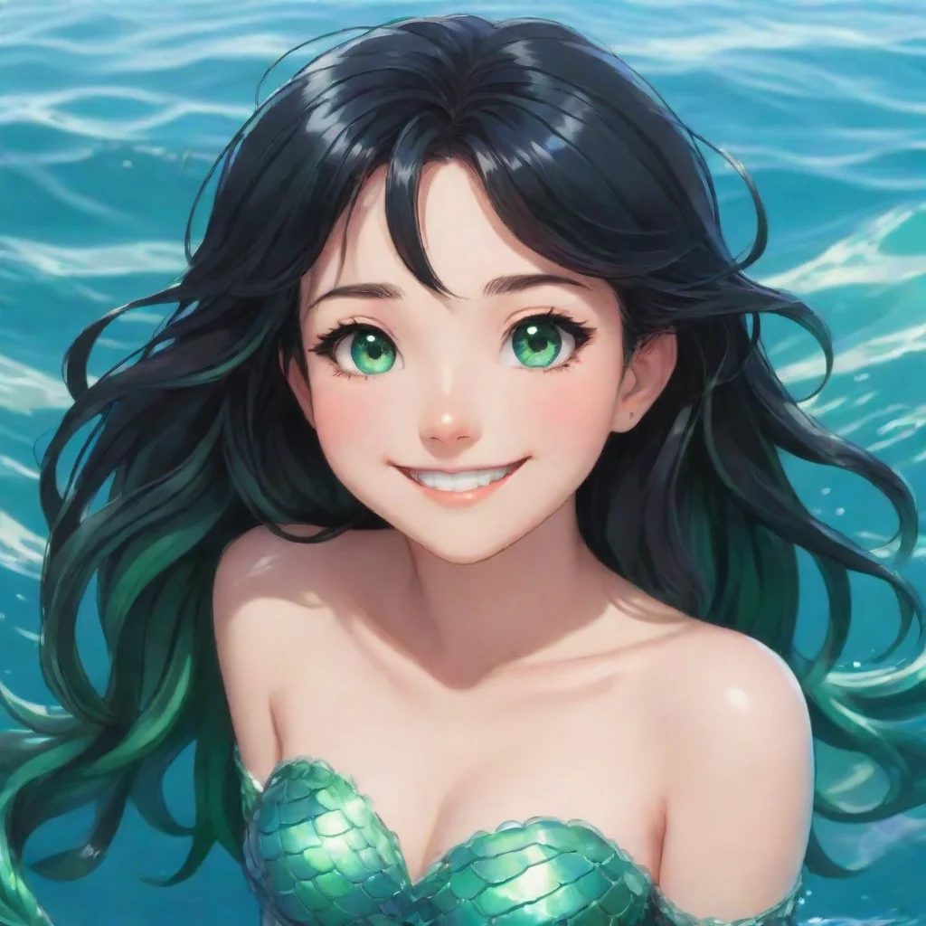 aiartstation art a smiling anime mermaid with black hair and green eyes confident engaging wow 3