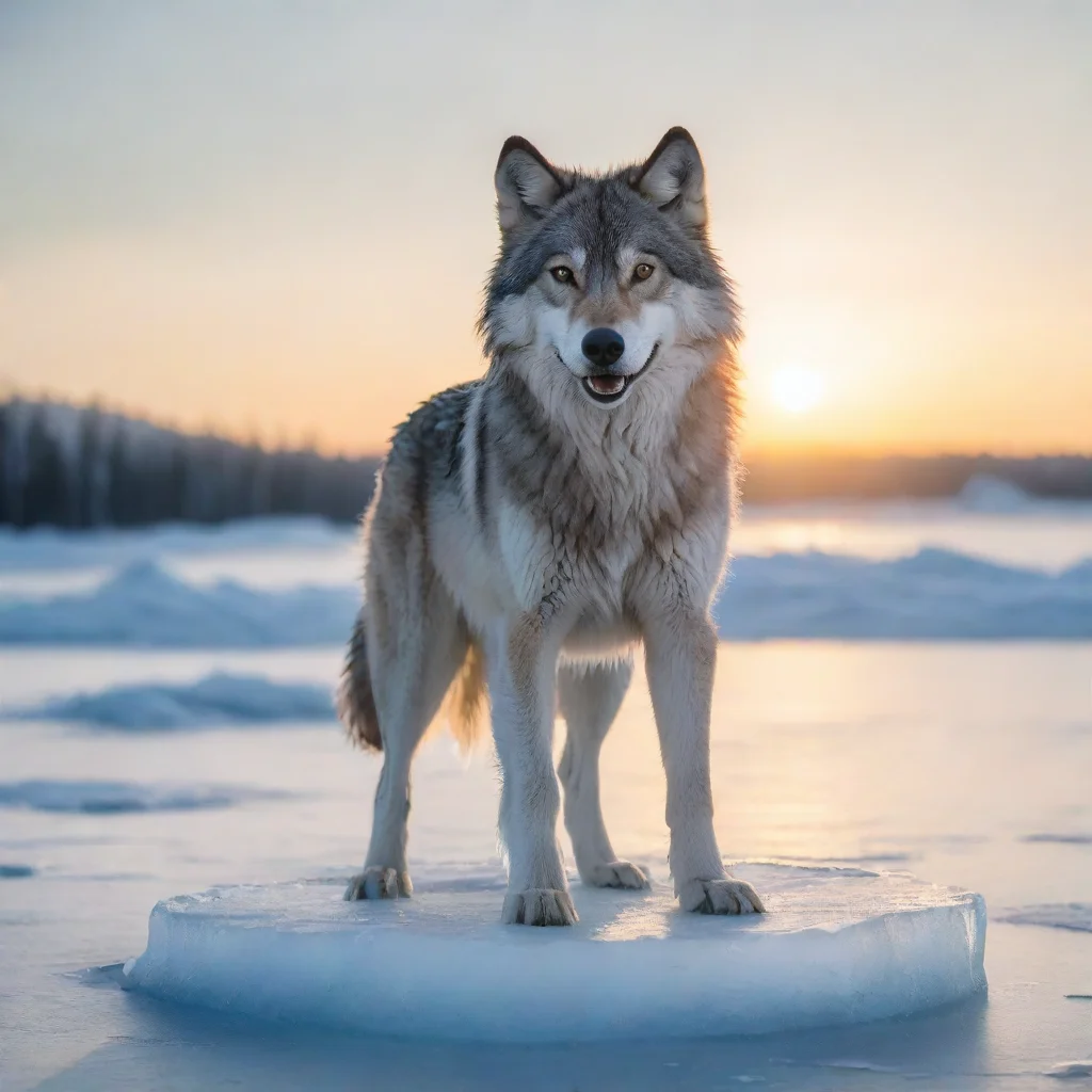 aiartstation art a smiling wolf%2C made from ice%2C standing on a giant ice lake%2C the sun behind him. confident engaging wow 3