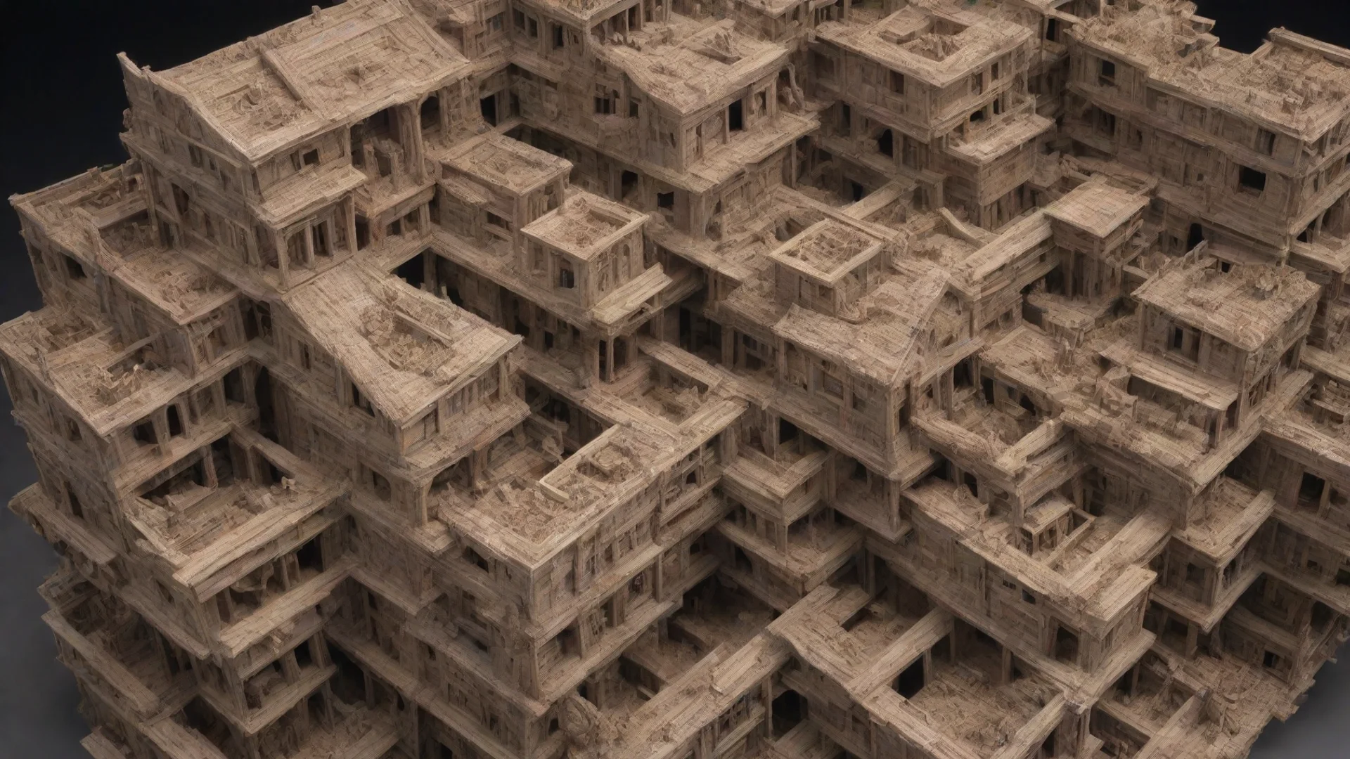 artstation art a swarm of parts intertwined upside down escher paradox kitbash greeble timber construction building in a building socia confident engaging wow 3 wide
