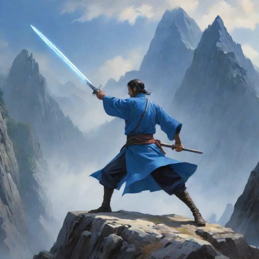 aiartstation art a swordman%2C releasing a blue slash %2C to slice the mountain  confident engaging wow 3