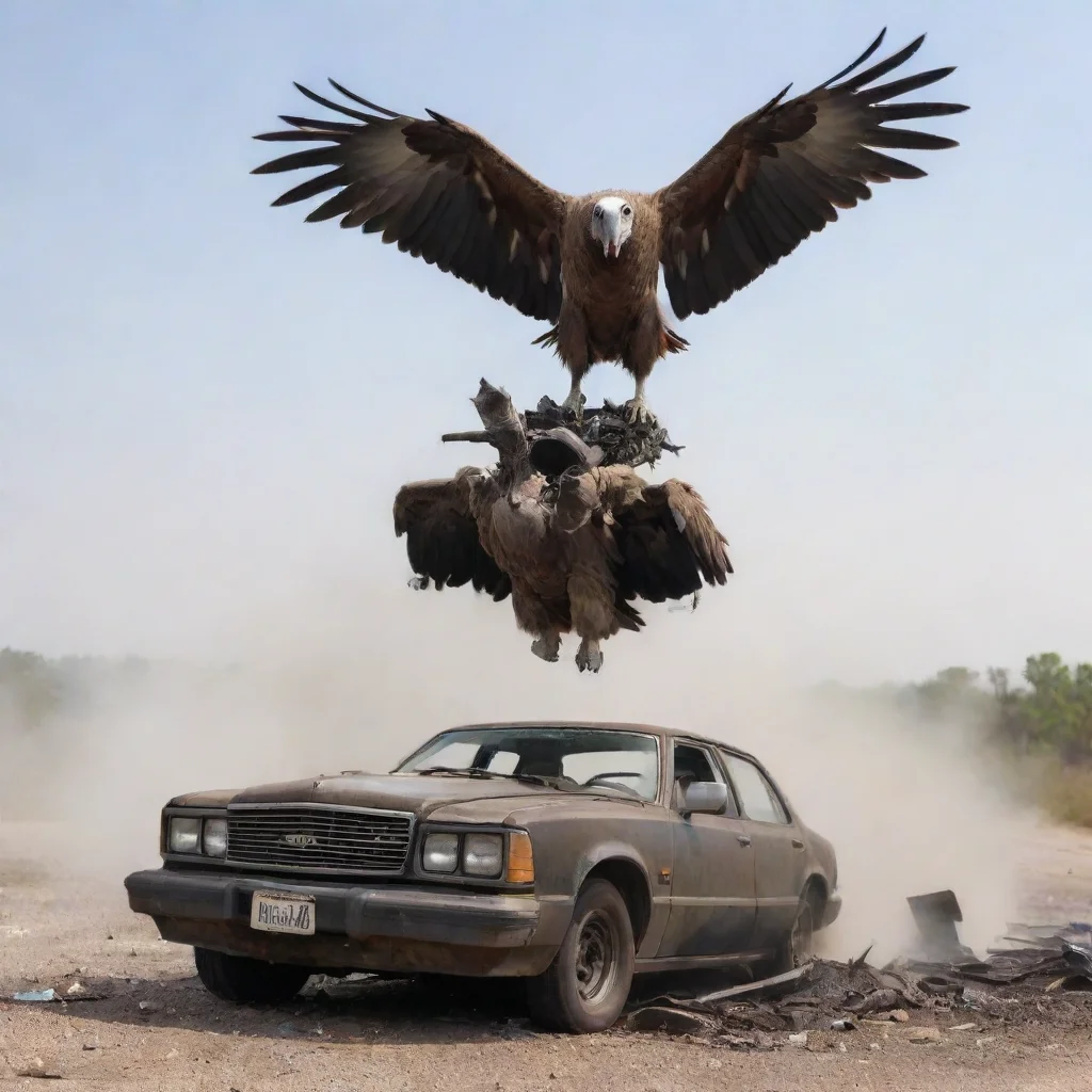 artstation art a vulture bird landing on a broken smoking car engine wearing glases confident engaging wow 3