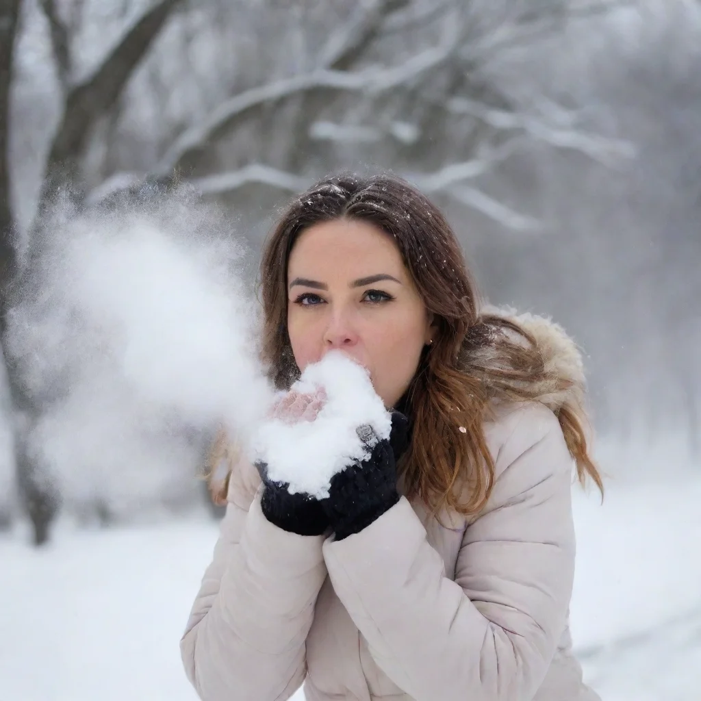 aiartstation art a woman blows snow to the camera confident engaging wow 3