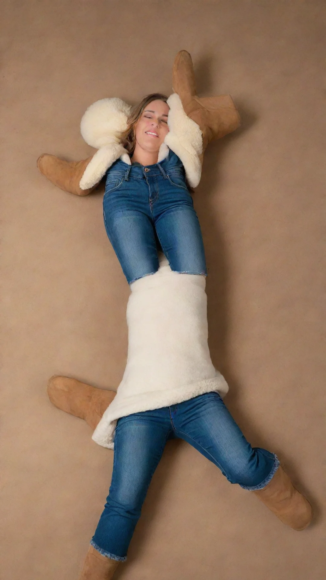aiartstation art a woman wearing b3 shearling jacket%2C tight jeans%2C knee high ugg boots%2C is lying down with her legs spread wide open. low camera angle. confident engaging wow 3 tall