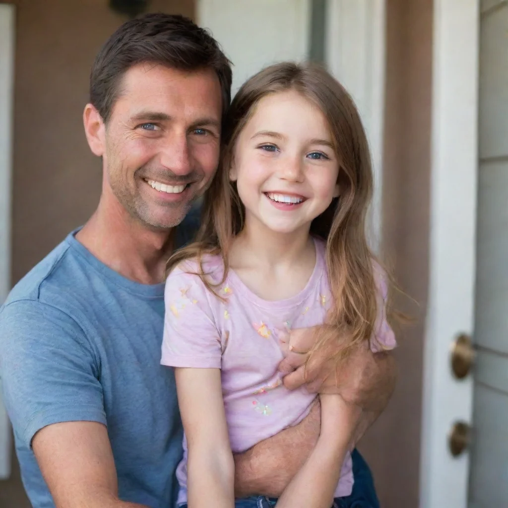 aiartstation art a young girl with bright eyes and a big smile%2C is standing at the front door%2C holding onto her dad%27s knee.  confident engaging wow 3