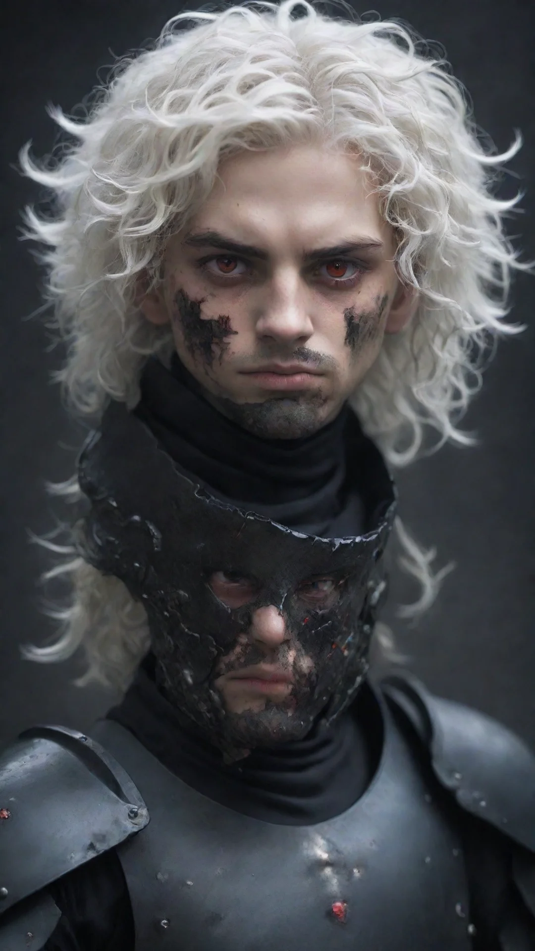 artstation art a young man%252c with fully black armor%252c he has a pale and melancholic face with scars on his face%252c he has short curly white hair and red eyes amazing awesome portrait 2 confi
