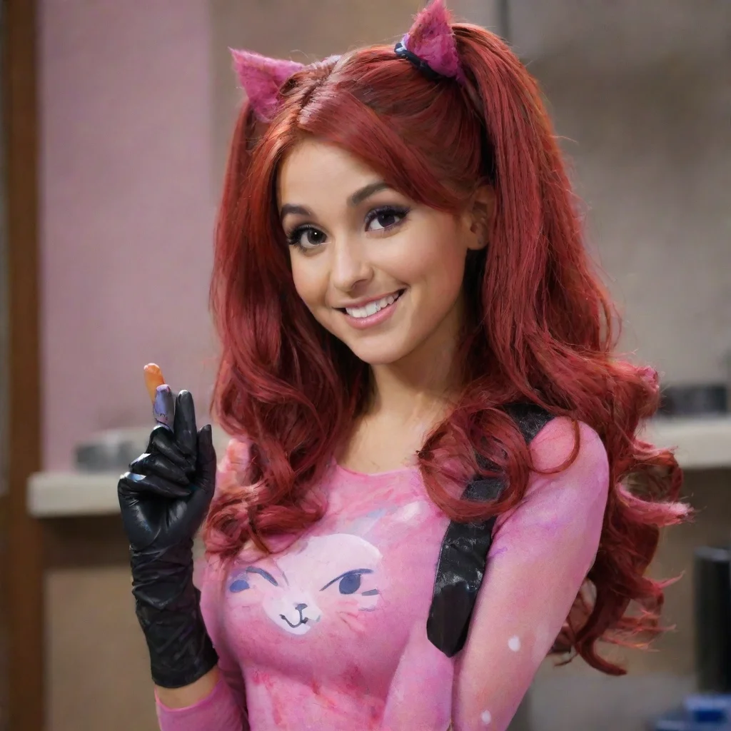 artstation art adult  30 year old ariana grande as cat valentine from victorious smiling with black tough nitrile gloves and gun and mayonnaise splattered everywhere confident engaging wow 3