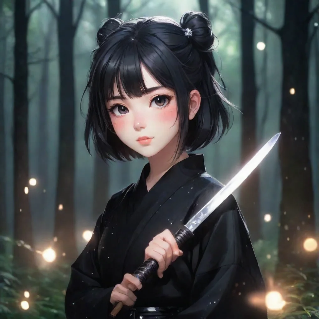 aiartstation art aesthetic grunge realistic japanese anime girl with katana wearing black yukata night forest shining sparkles background confident engaging wow 3