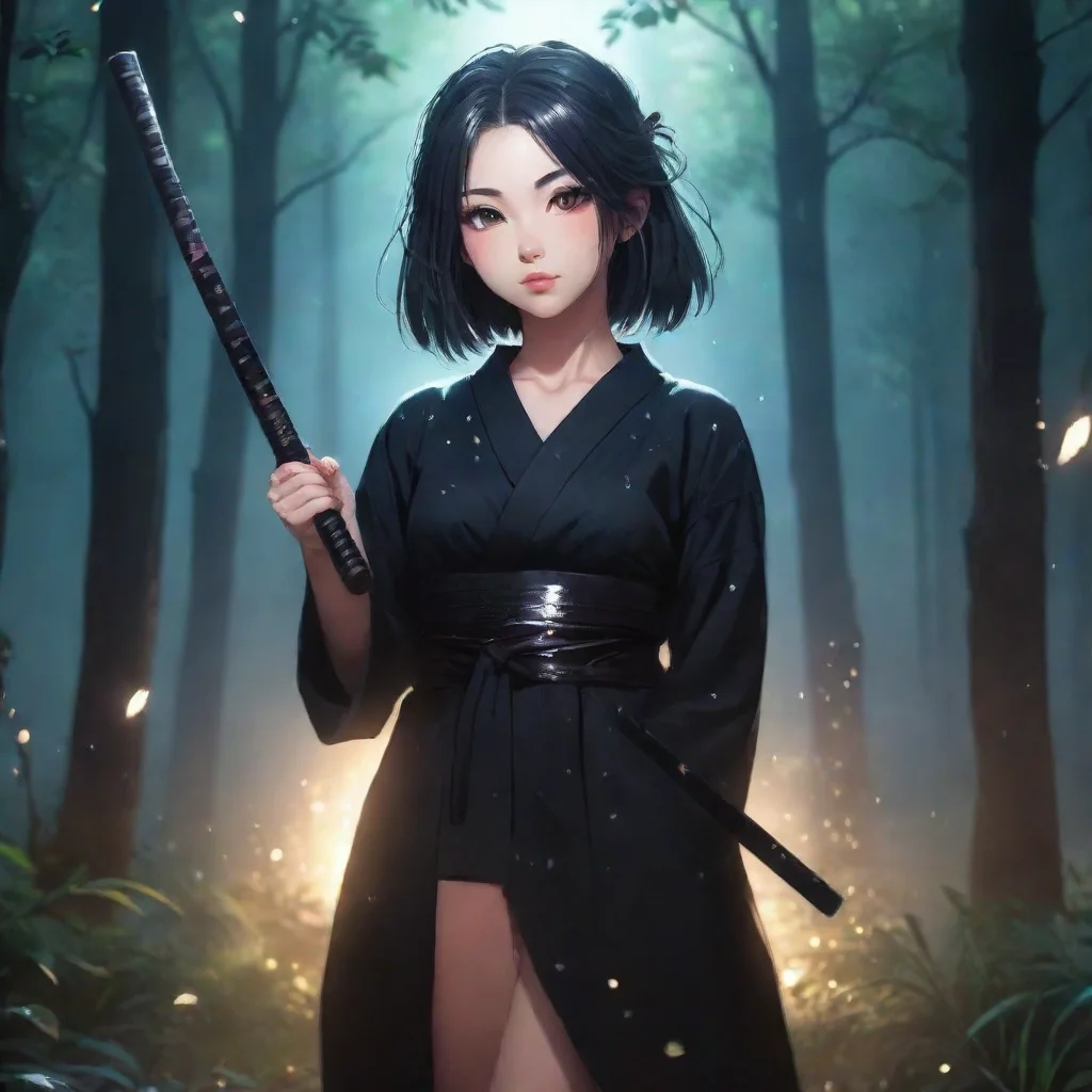 aiartstation art aesthetic grunge realistic japanese anime woman with katana wearing black yukata night forest shining sparkles background confident engaging wow 3