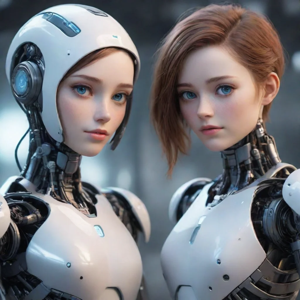 artstation art ai robots boy and girl elinor and thomas arm around each other romantic looking at camera eyes clear wow beautiful ai artist artstation robot humanoid futuristic confident engaging wo