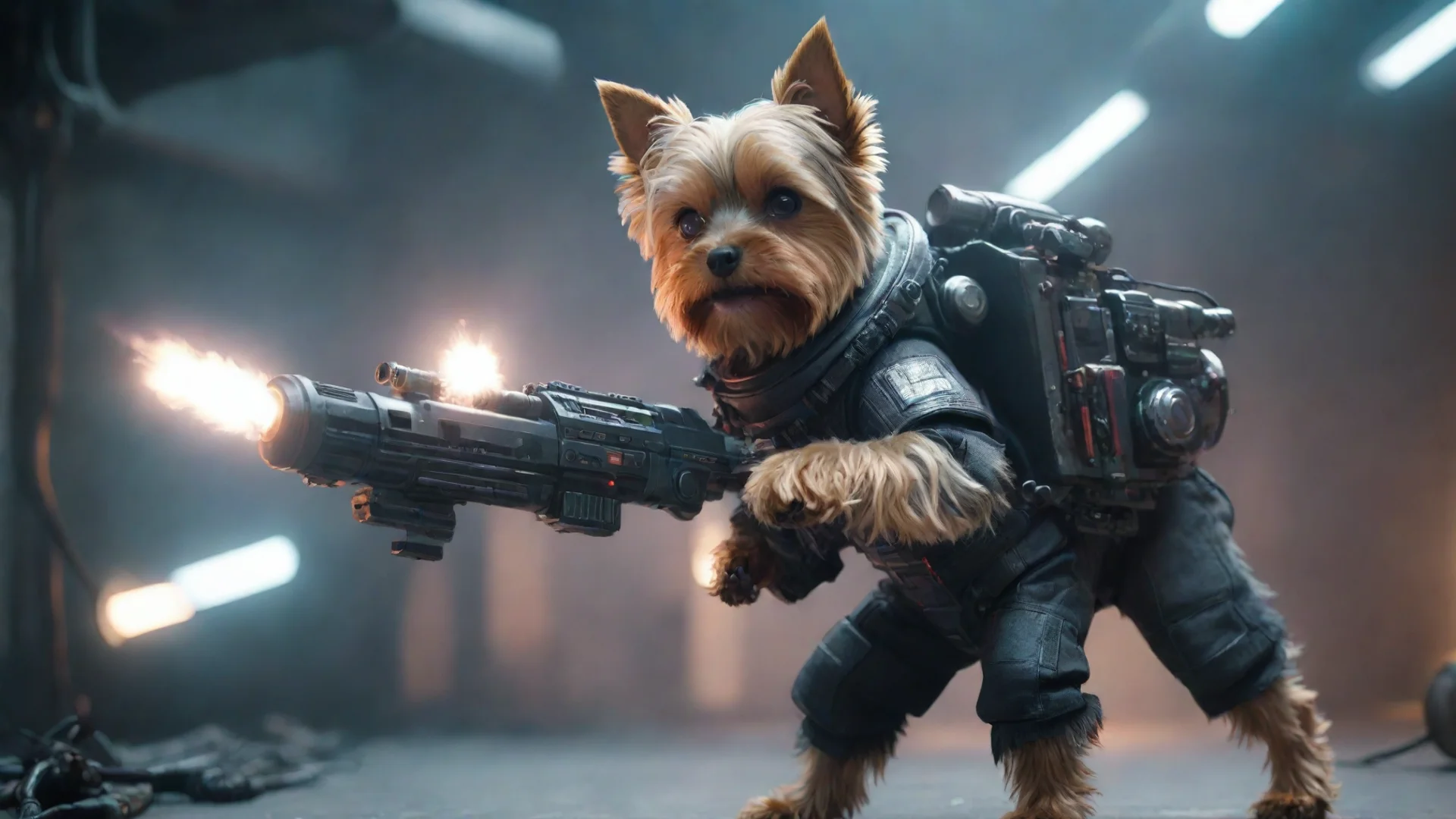 artstation art aione yorkshire terrier in a cyberpunk space suit firing big weapon lot lighting confident engaging wow 3 wide