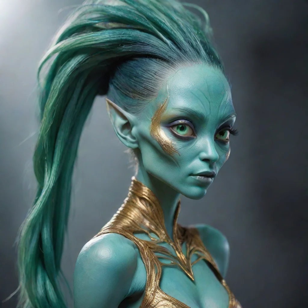 aiartstation art alien female with high ponytail made of long tendrils%2C mikkian%2C blue green skin%2C golden eyes. beautiful%2C alien confident engaging wow 3
