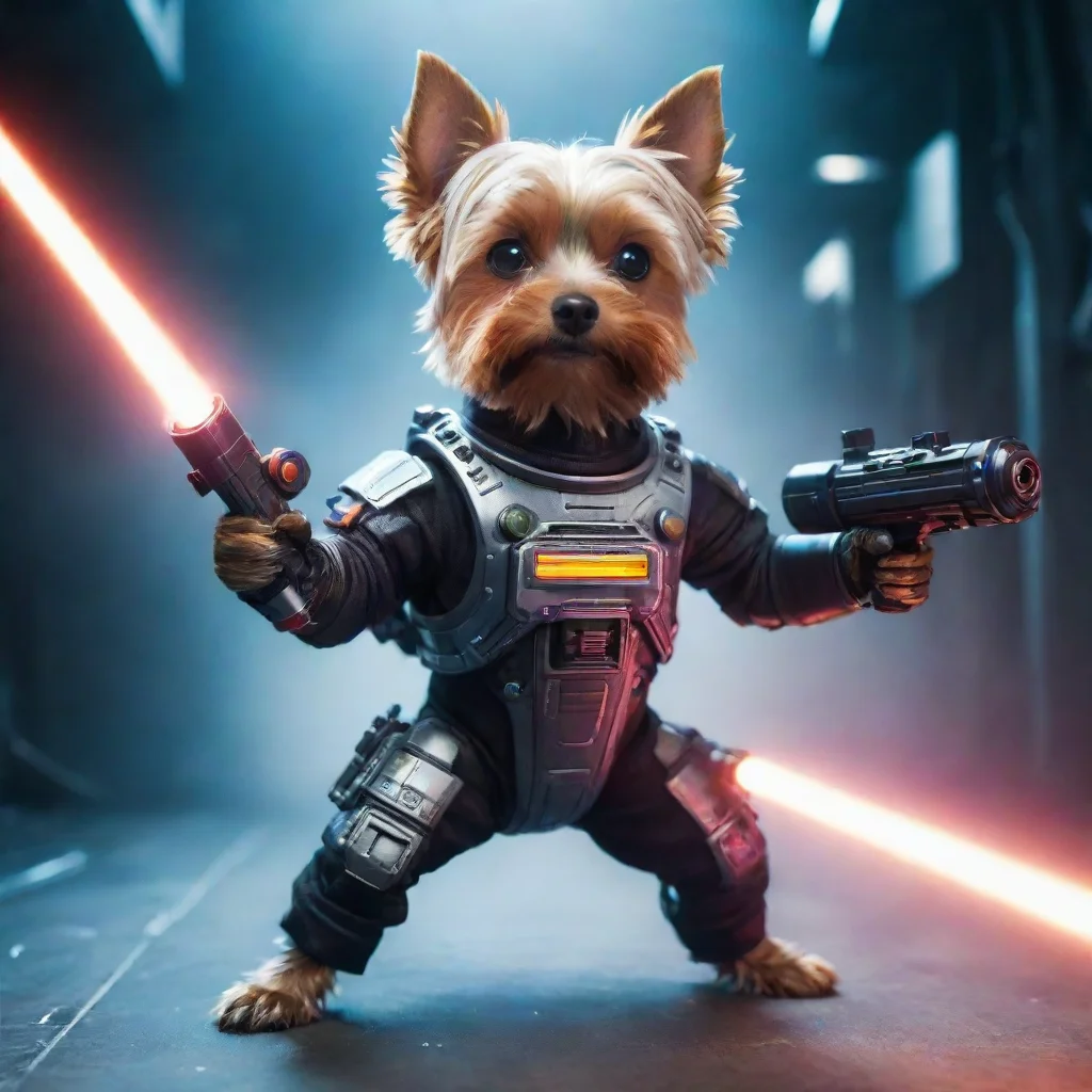 artstation art alone yorkshire terrier in a cyberpunk space suit firing big laser  weapon with two hands confident engaging wow 3