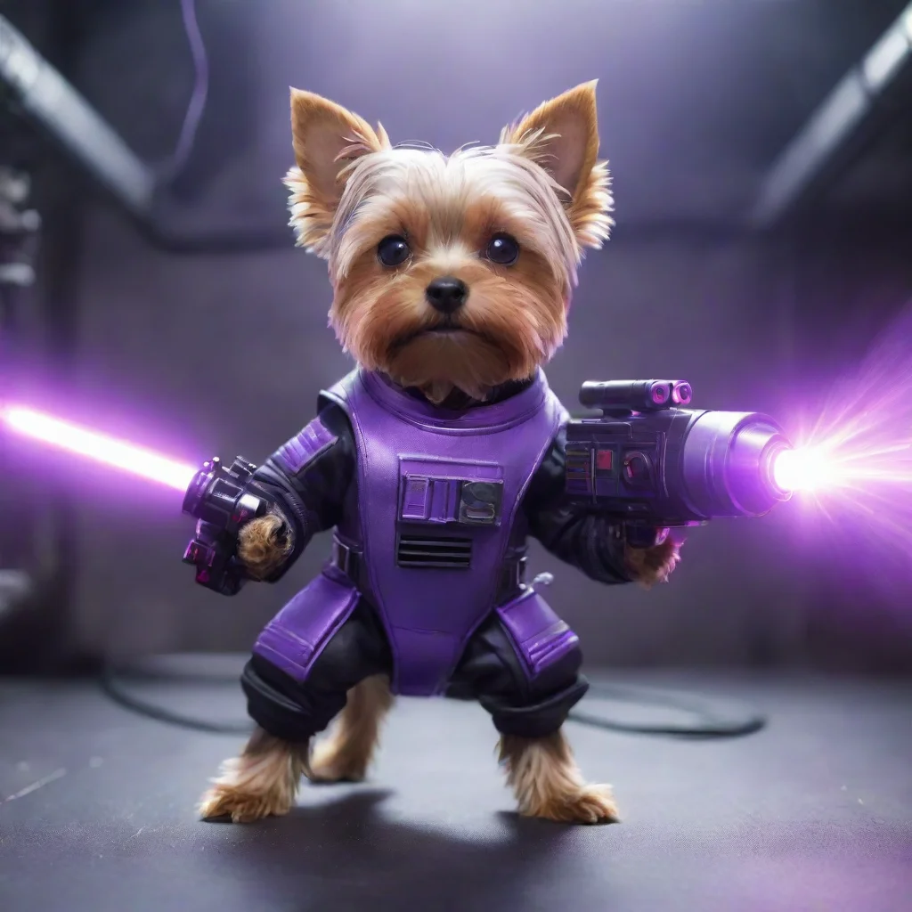 aiartstation art alone yorkshire terrier in a cyberpunk space suit firing big laser purple weapon confident engaging wow 3
