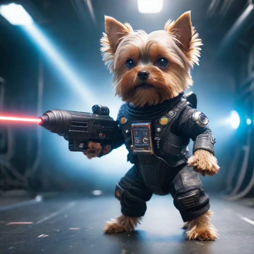 artstation art alone yorkshire terrier in a cyberpunk space suit firing big weapon laser confident confident engaging wow 3