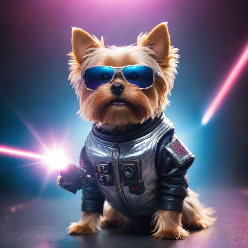 artstation art alone yorkshire terrier with sunglasses in a cyberpunk space suit firing a laser beam confident engaging wow 3