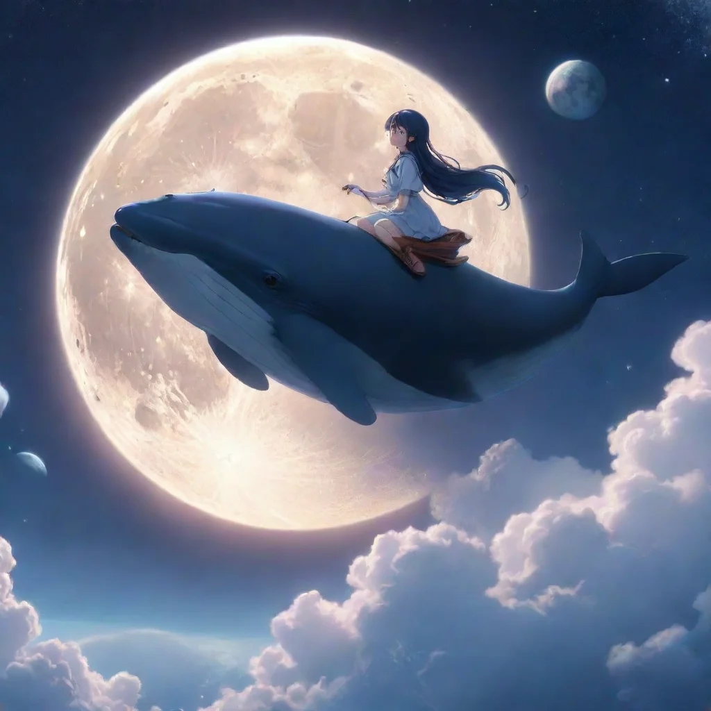 aiartstation art amazing anime character riding whale flying through the sky beautiful moon planets in sky hd aesthetic realistic cartoon confident engaging wow 3