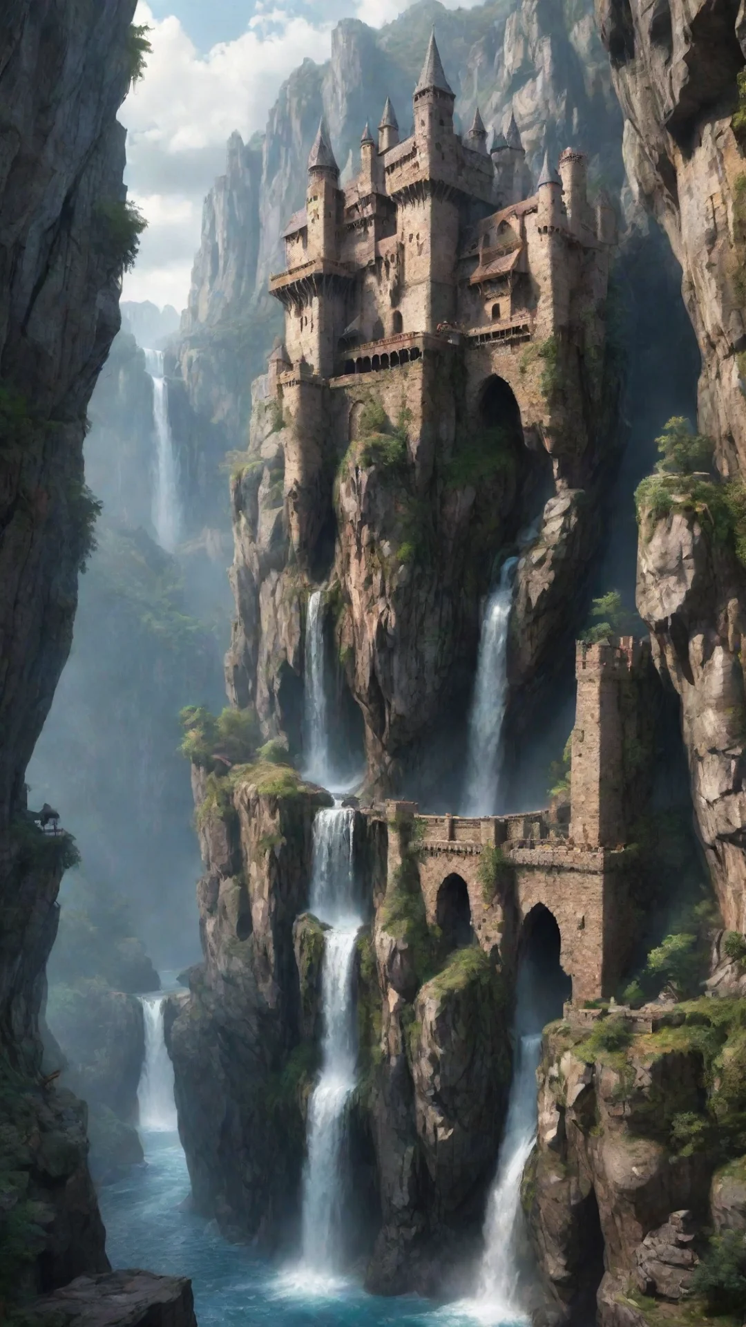 artstation art amazing castle on extreme cliff overhangs caves hd detailed realistic asthetic lovely waterfalls confident engaging wow 3 tall
