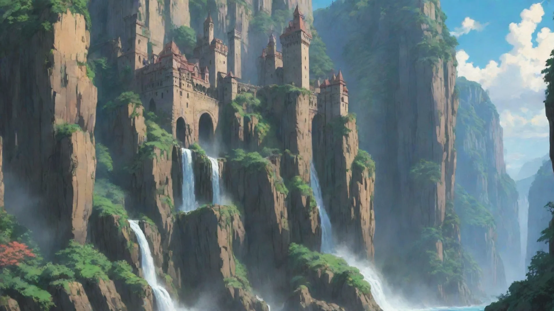 aiartstation art amazing ghibli artistic castle cliff waterfall hd anime aesthetic beauty confident engaging wow 3 wide