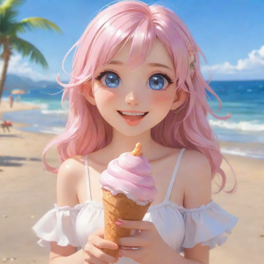 artstation art amazing hd art anime detailed aesthetic beautiful smile blush holding ice cream at beach confident engaging wow 3