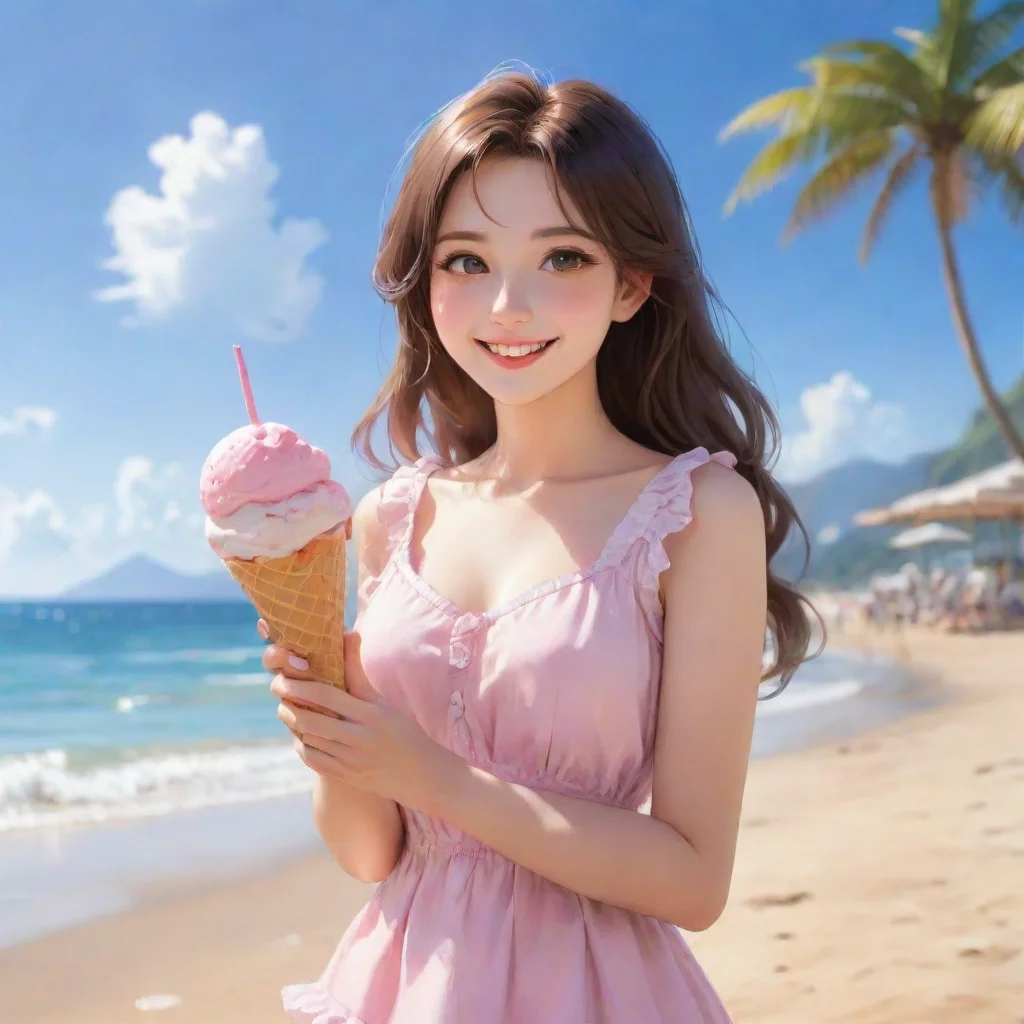 aiartstation art amazing hd art anime detailed aesthetic beautiful woman smile blush holding ice cream at beach confident engaging wow 3
