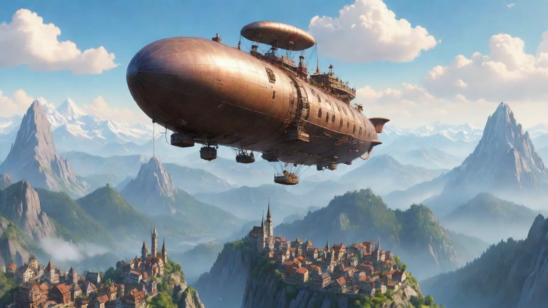 aiartstation art amazing realistic cartoon city flying airship mountain top relaxing calm hd aesthetic peace confident engaging wow 3 wide